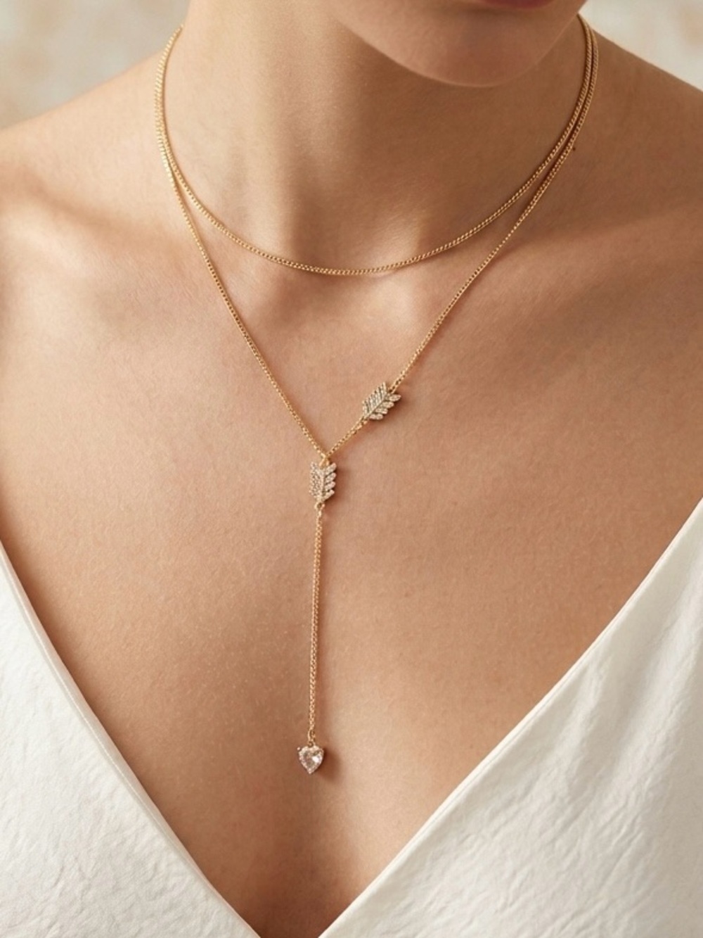 14K Gold Plated Layered Arrow Necklace with CZ Heart Charm | Dainty Jewelry